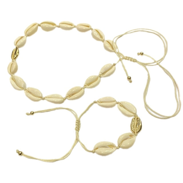 Natural Shell gold cowrie necklace bracelet set women