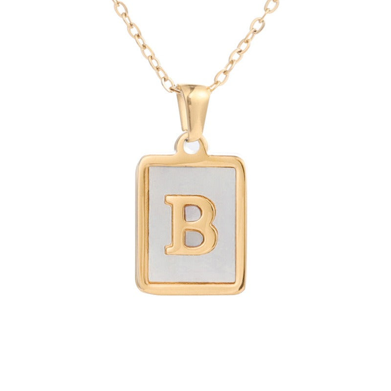 New Stainless Steel Square Letter Necklace Female Gold Shell Inlaid Titanium Steel English Pendant Necklace