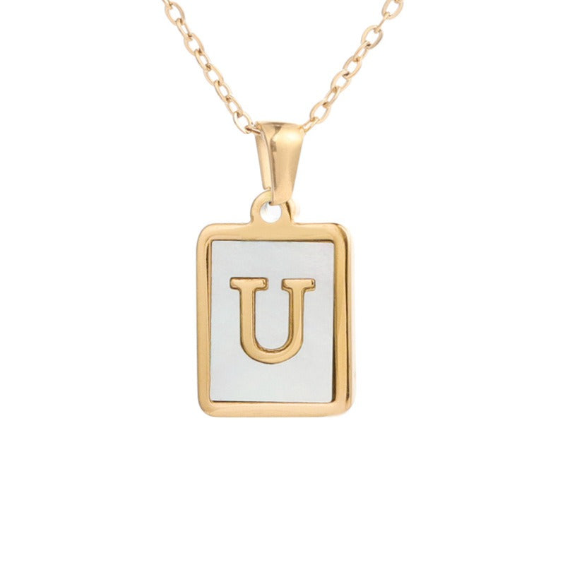 New Stainless Steel Square Letter Necklace Female Gold Shell Inlaid Titanium Steel English Pendant Necklace