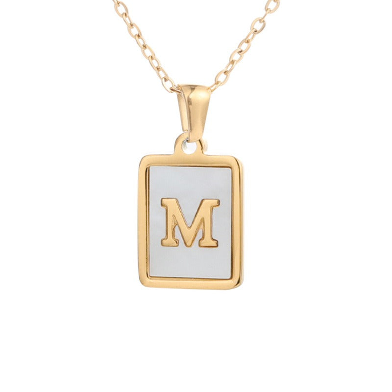New Stainless Steel Square Letter Necklace Female Gold Shell Inlaid Titanium Steel English Pendant Necklace