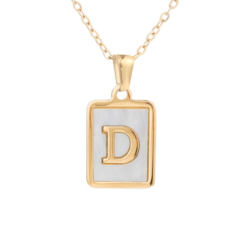 New Stainless Steel Square Letter Necklace Female Gold Shell Inlaid Titanium Steel English Pendant Necklace