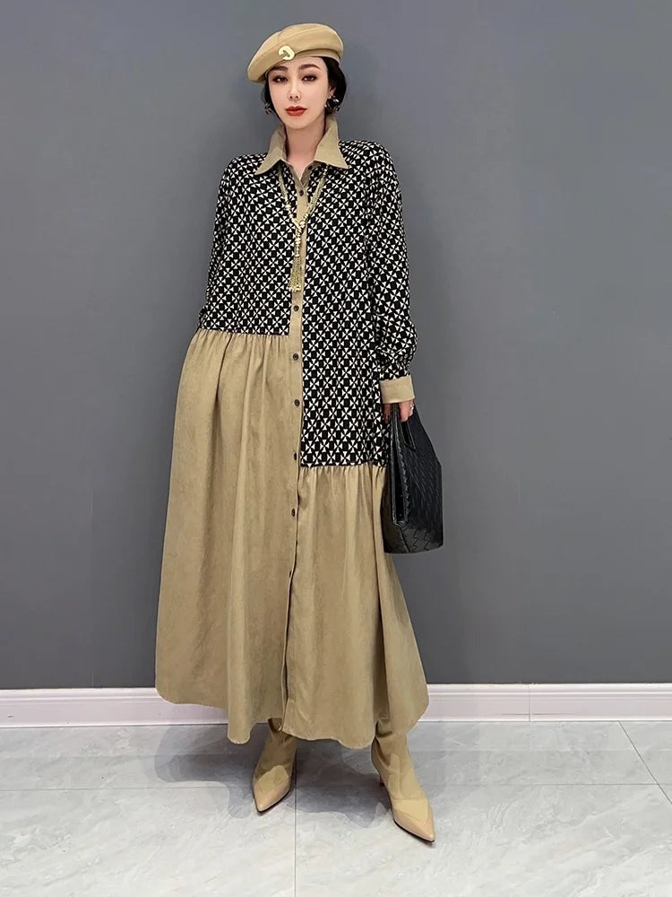 Color Block Lapel Dress – Elegant Casual Midi Dress for Women