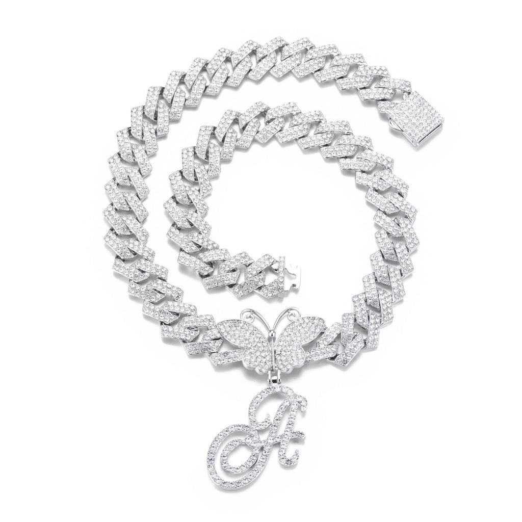 Cuban Chain  letter Necklace – Butterfly Initial Jewerl