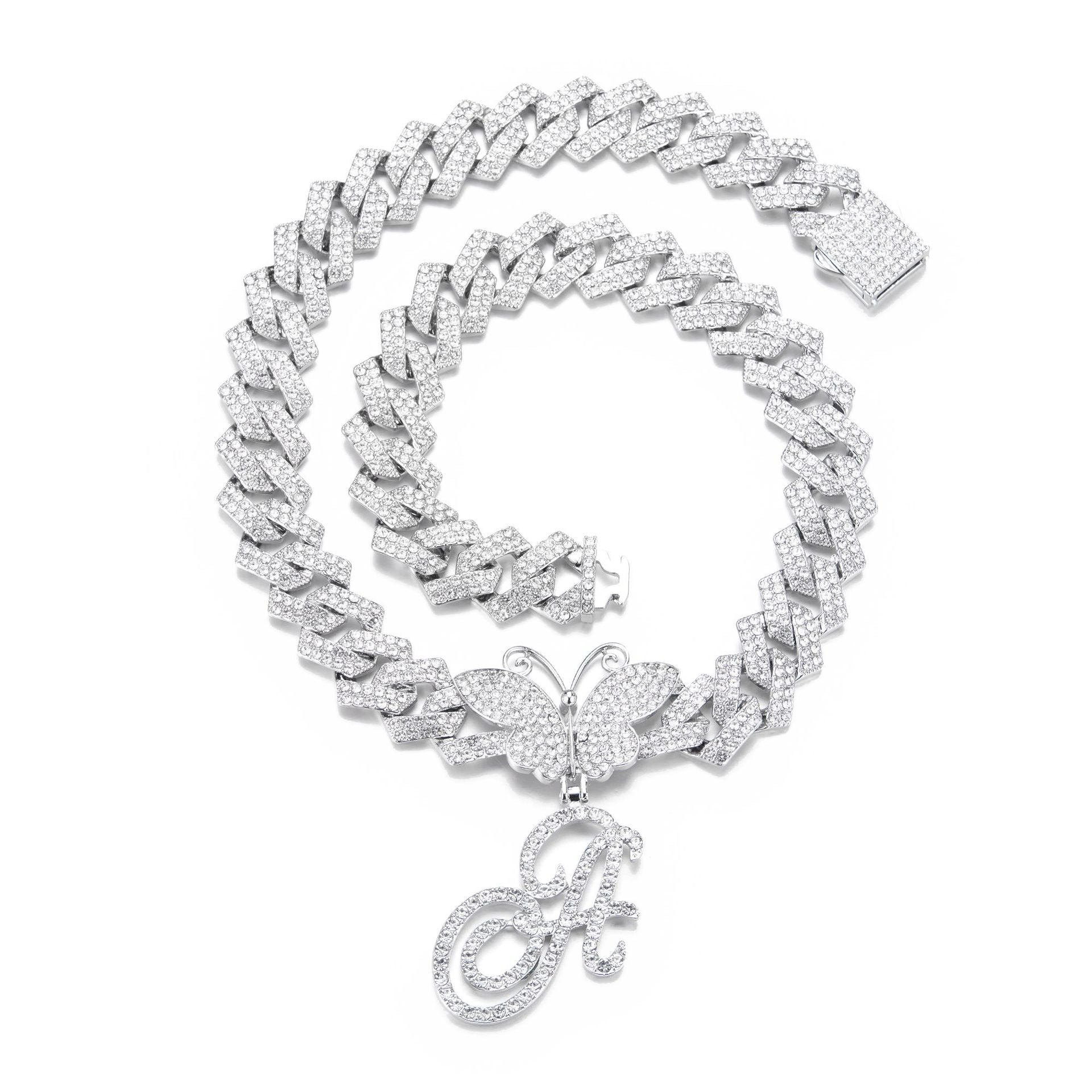 Cuban Chain  letter Necklace – Butterfly Initial Jewerl