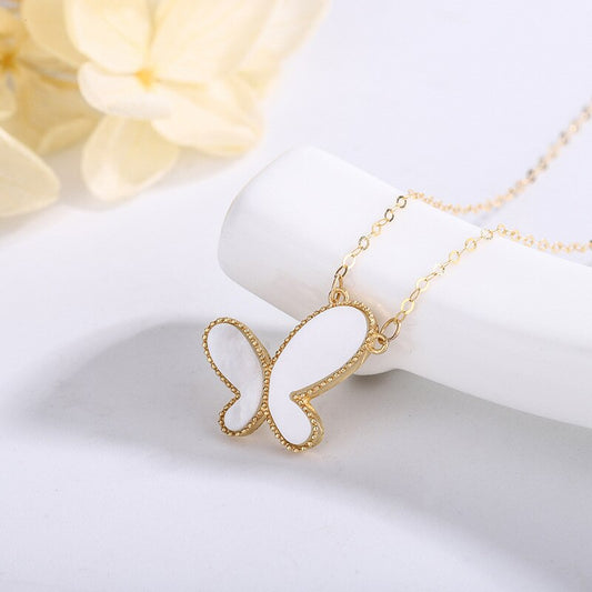 YUNLI Real 18K Gold Butterfly Pendant Necklace Natural Agate Stone Pure Solid AU750 Chain Fine Jewelry Gift for Women PE020