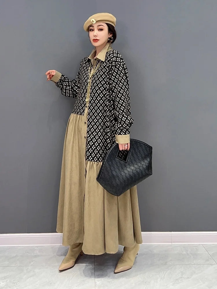 Color Block Lapel Dress – Elegant Casual Midi Dress for Women