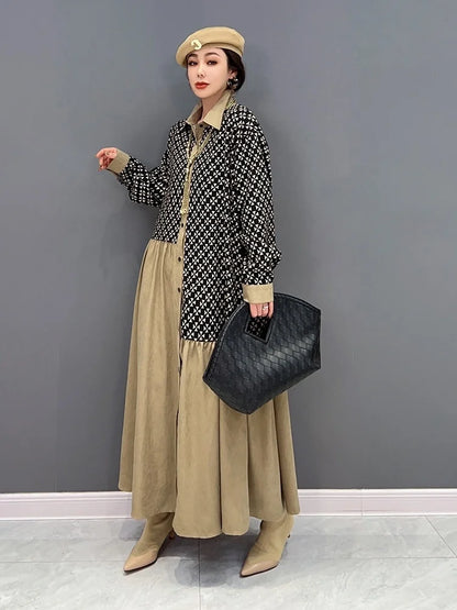 Color Block Lapel Dress – Elegant Casual Midi Dress for Women