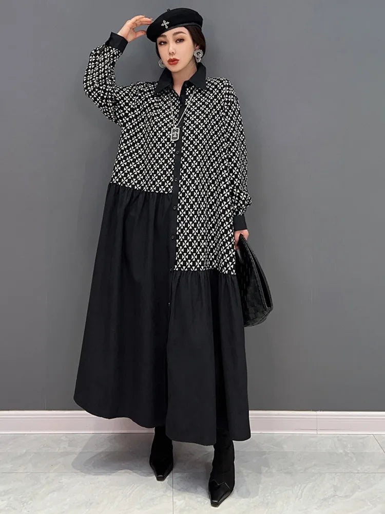Color Block Lapel Dress – Elegant Casual Midi Dress for Women