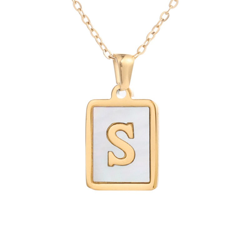 New Stainless Steel Square Letter Necklace Female Gold Shell Inlaid Titanium Steel English Pendant Necklace