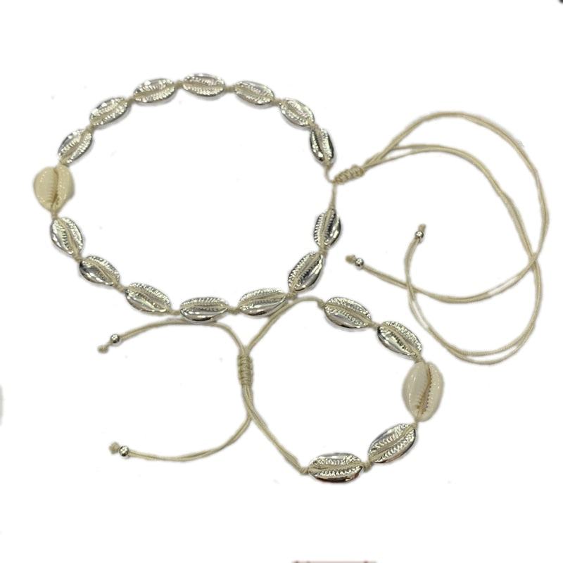 Natural Shell gold cowrie necklace bracelet set women