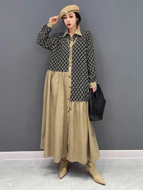 Color Block Lapel Dress – Elegant Casual Midi Dress for Women