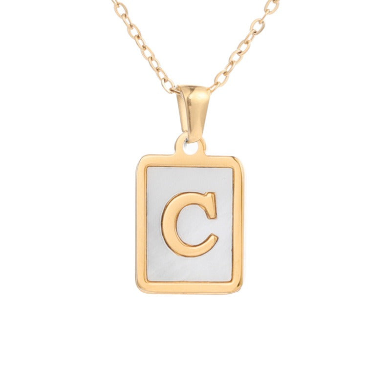 New Stainless Steel Square Letter Necklace Female Gold Shell Inlaid Titanium Steel English Pendant Necklace