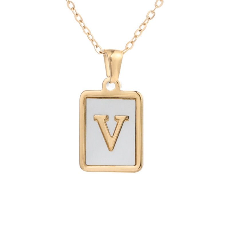 New Stainless Steel Square Letter Necklace Female Gold Shell Inlaid Titanium Steel English Pendant Necklace