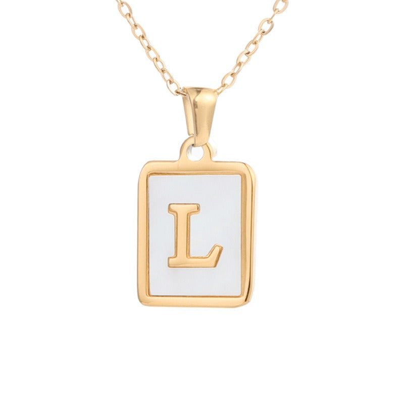 New Stainless Steel Square Letter Necklace Female Gold Shell Inlaid Titanium Steel English Pendant Necklace