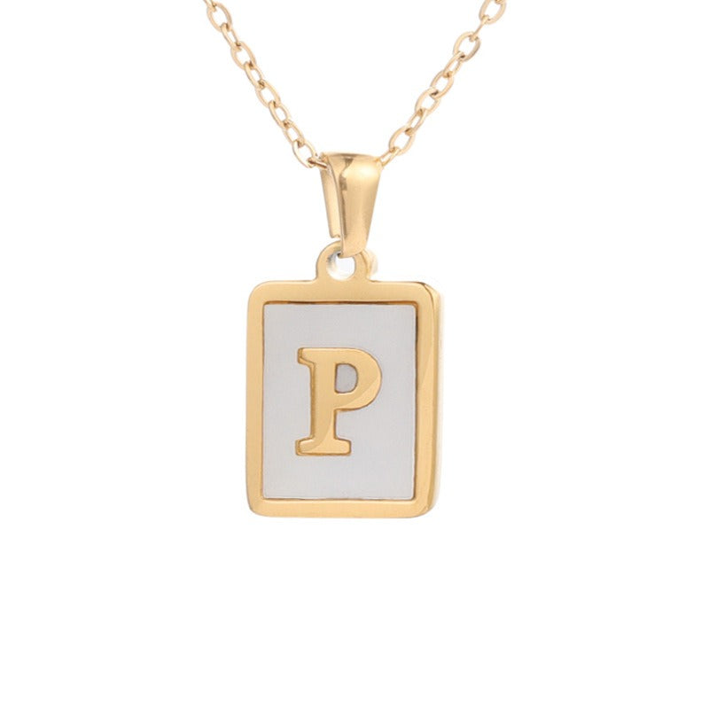 New Stainless Steel Square Letter Necklace Female Gold Shell Inlaid Titanium Steel English Pendant Necklace