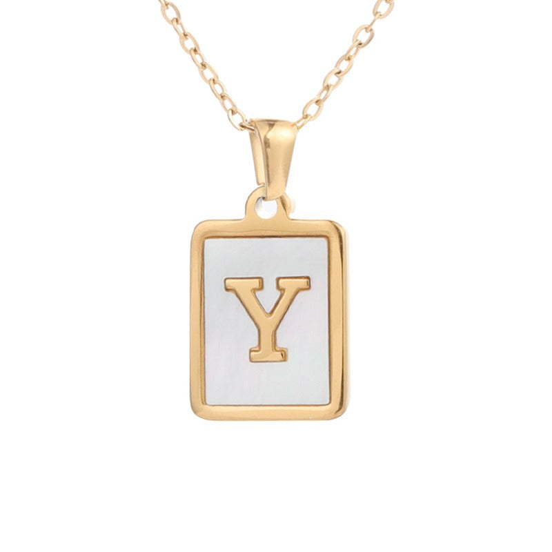 New Stainless Steel Square Letter Necklace Female Gold Shell Inlaid Titanium Steel English Pendant Necklace