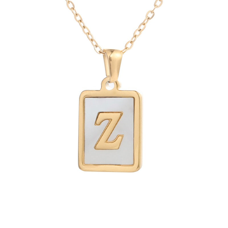 New Stainless Steel Square Letter Necklace Female Gold Shell Inlaid Titanium Steel English Pendant Necklace
