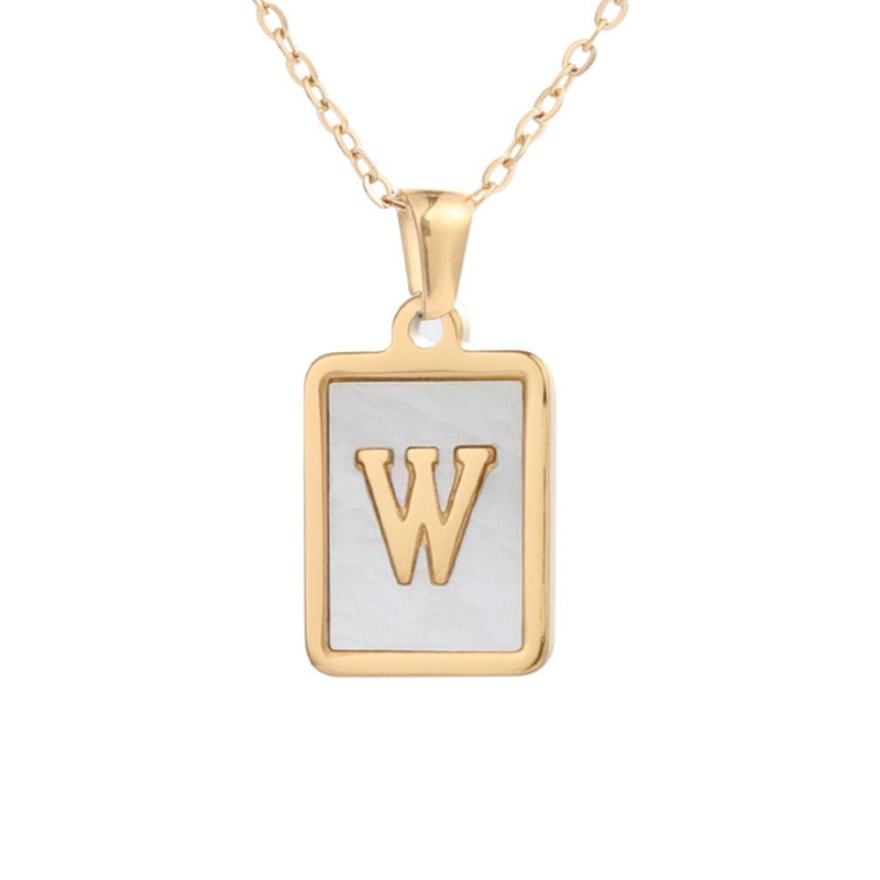 New Stainless Steel Square Letter Necklace Female Gold Shell Inlaid Titanium Steel English Pendant Necklace
