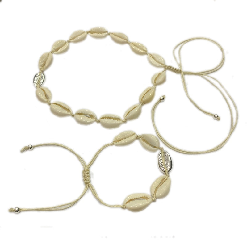 Natural Shell gold cowrie necklace bracelet set women