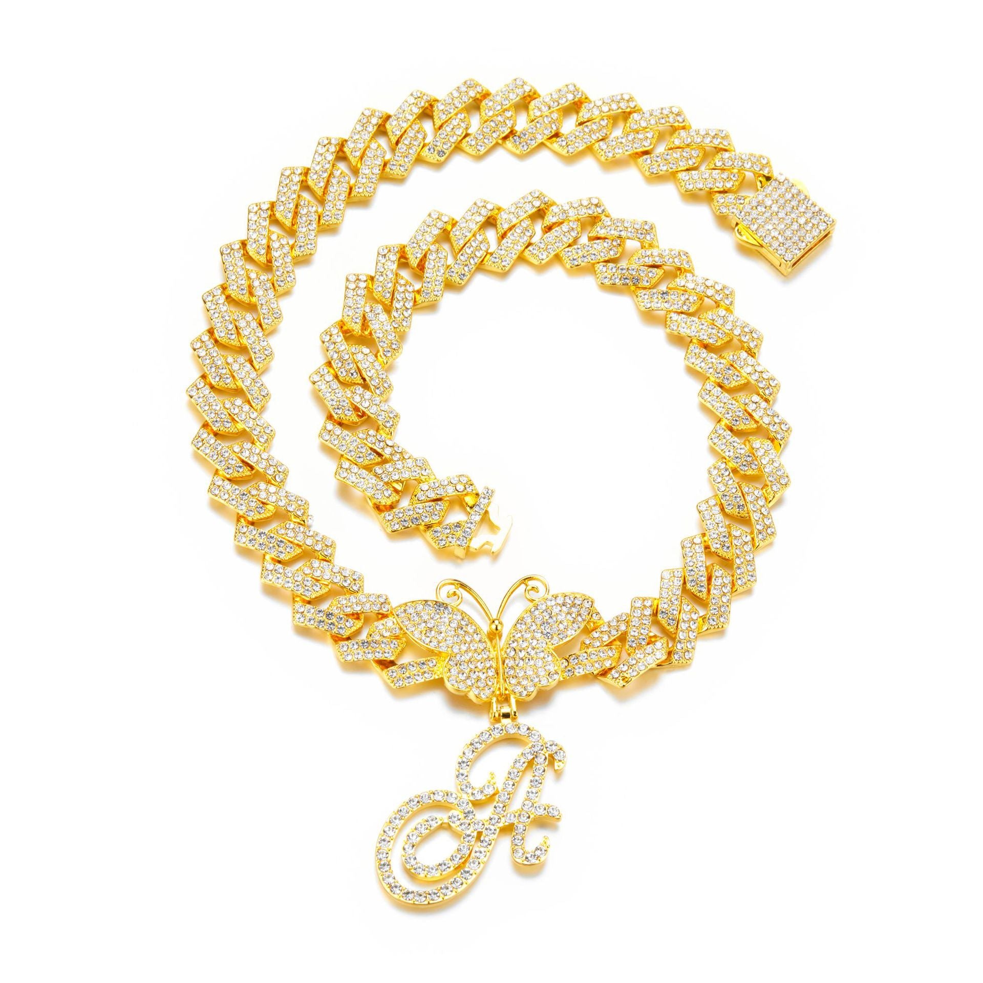 Cuban Chain  letter Necklace – Butterfly Initial Jewerl