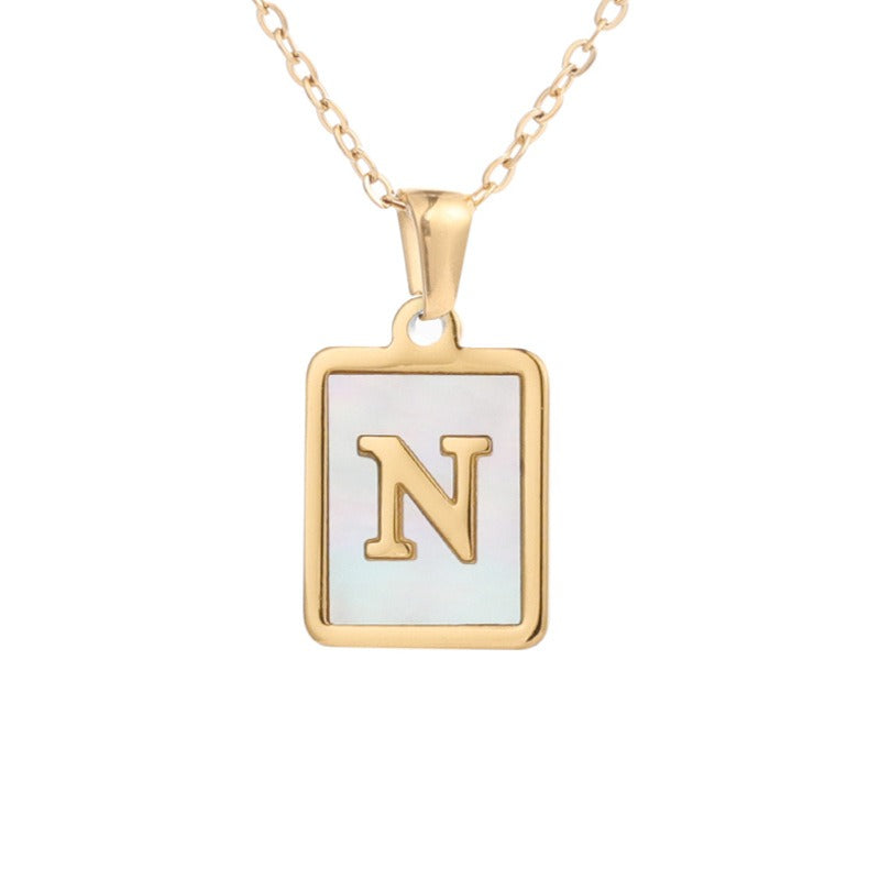 New Stainless Steel Square Letter Necklace Female Gold Shell Inlaid Titanium Steel English Pendant Necklace