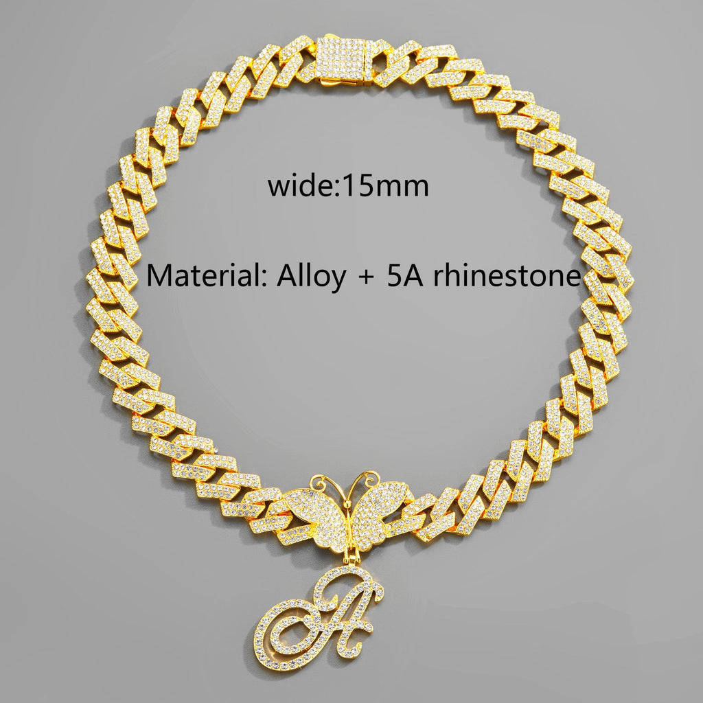 Cuban Chain  letter Necklace – Butterfly Initial Jewerl