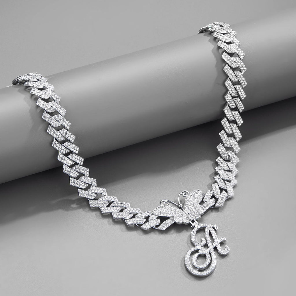 Cuban Chain  letter Necklace – Butterfly Initial Jewerl