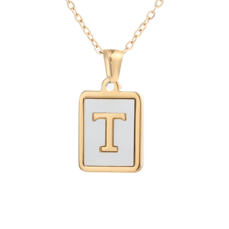 New Stainless Steel Square Letter Necklace Female Gold Shell Inlaid Titanium Steel English Pendant Necklace